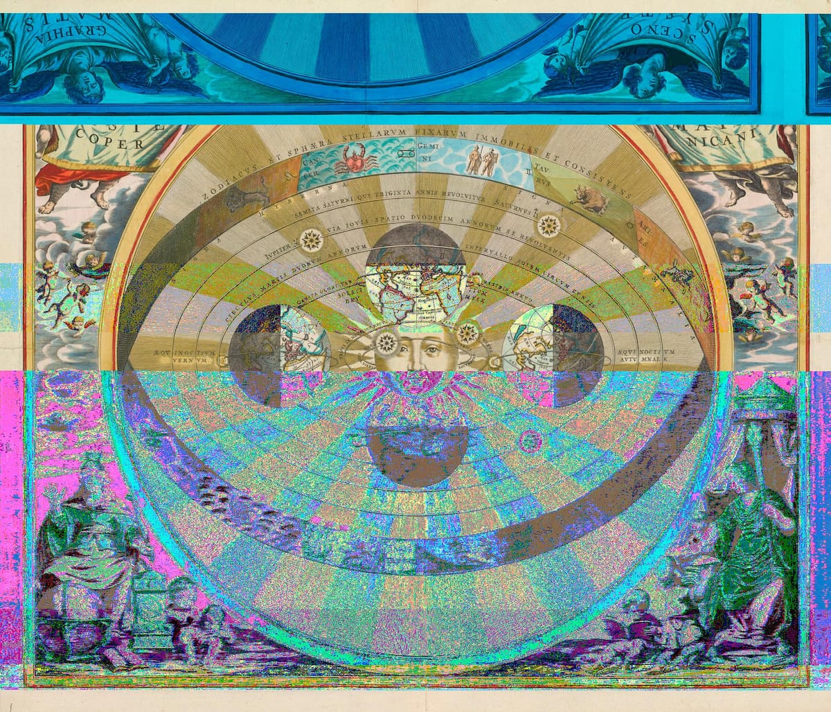 an illustration of celestial chart featuring concentric rings with Latin inscriptions, centered around a sun.